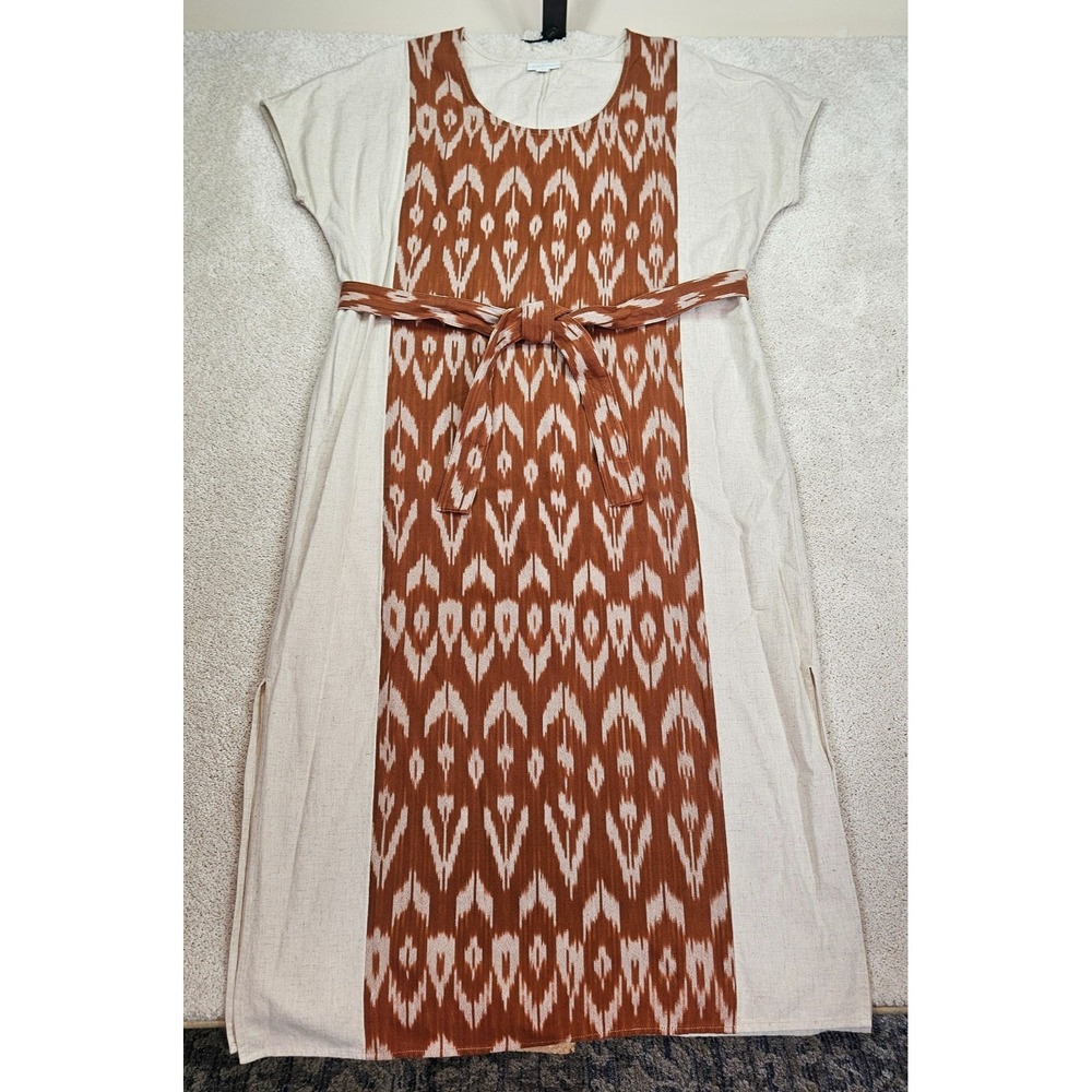 Pure Jill M Boho Artisanal Terracotta Rust Ikat Print Linen Cotton Belted Midi